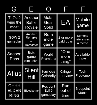Game Awards 2020 Bingo Card