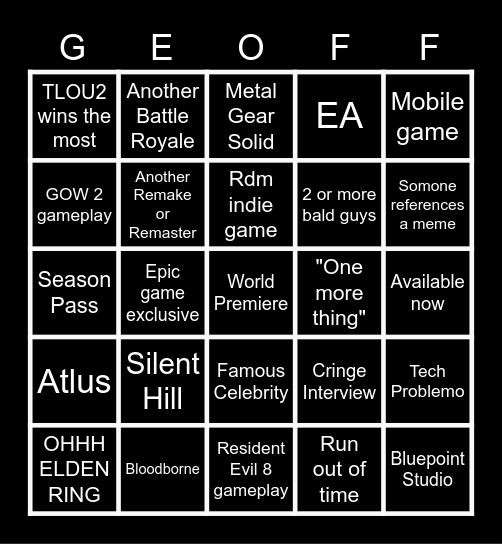 Game Awards 2020 Bingo Card