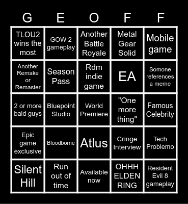 Game Awards 2020 Bingo Card