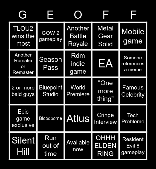 Game Awards 2020 Bingo Card