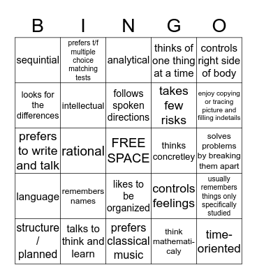 Study Skills Left Brain Bingo (play straight) Bingo Card