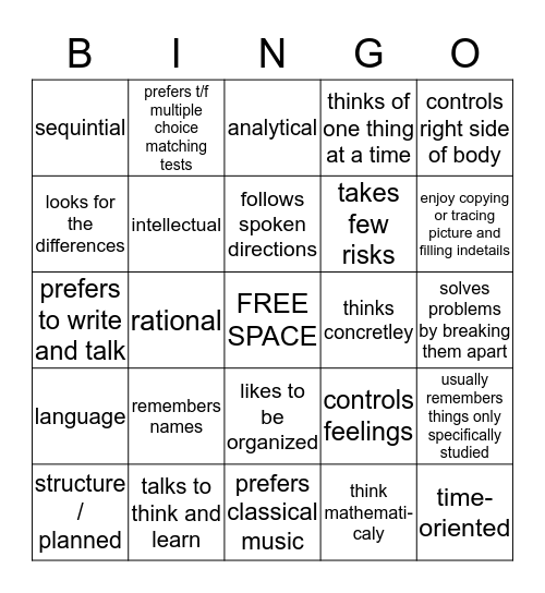 Study Skills Left Brain Bingo (play straight) Bingo Card