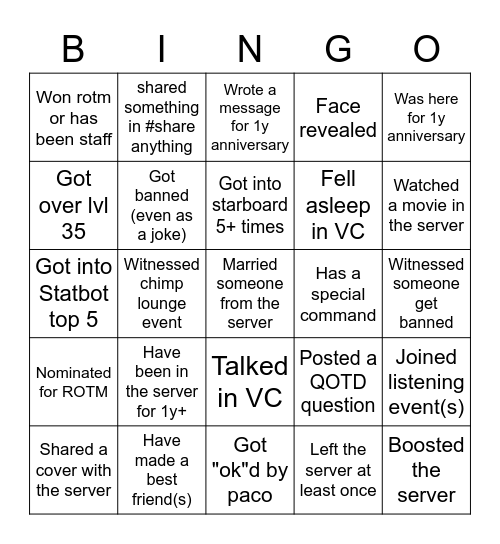 S&R Bingo Card