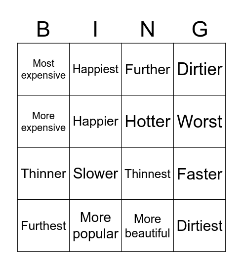 Comparatives and Superlatives Bingo Card