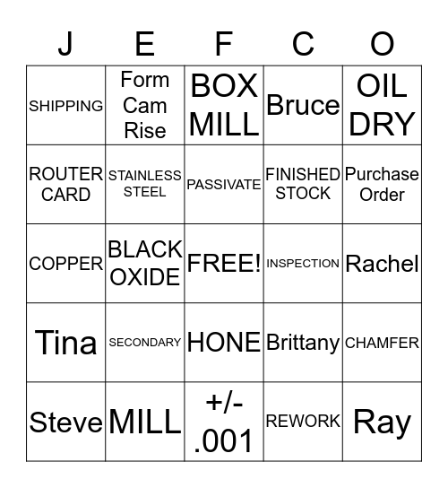 JEFCO BINGO Card