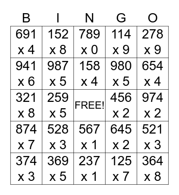 Multiplication Bingo! Bingo Card