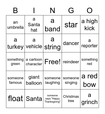 Thanksgiving Day Parade Bingo Card