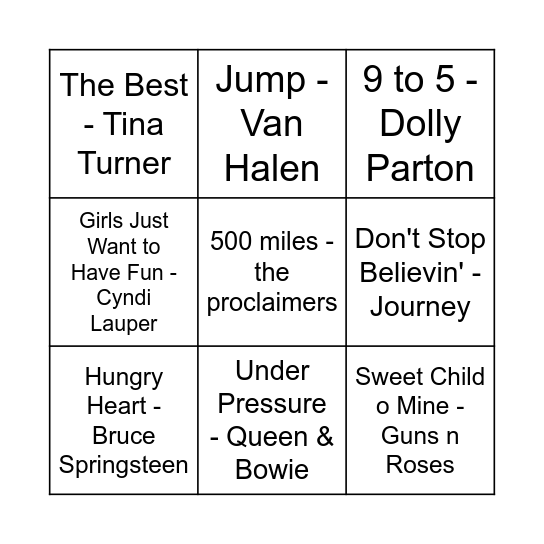1980s Music Bingo Card