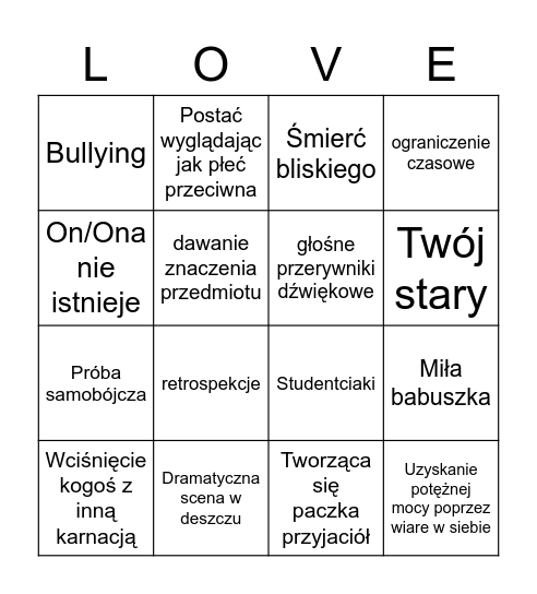 Anime Love Story Bingo Card