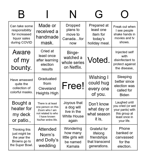 Thanksgiving 2020 Zoom Bingo Card