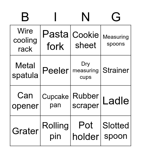Cooking Tools Bingo Card