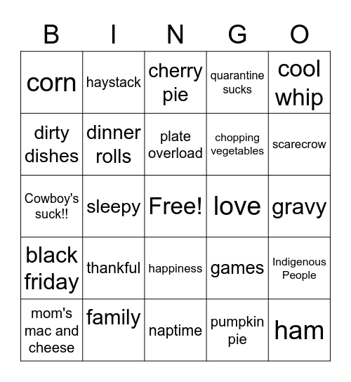 Mom's Thanksgiving BINGO Card