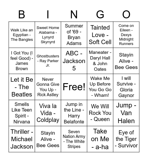 Virtual Music Bingo Card