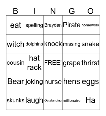 Ninja and Jokes Bingo Card