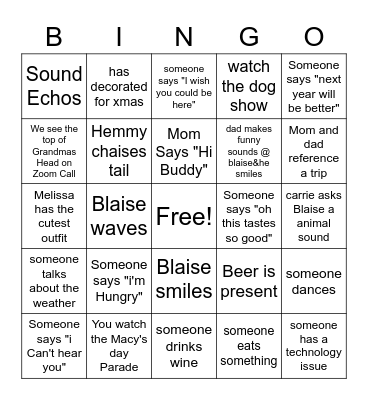 Roberts Family Zoom Thanksgiving Bingo Card