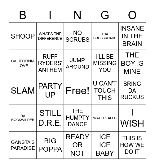 90'S HIP HOP Bingo Card