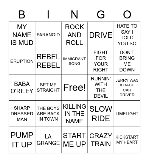 ROCK! Bingo Card