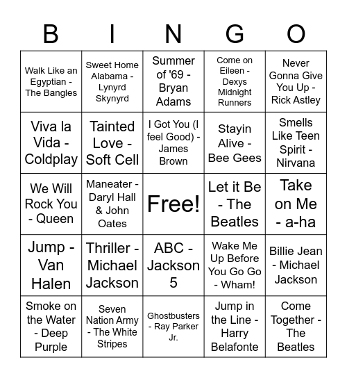 Virtual Music Bingo Card