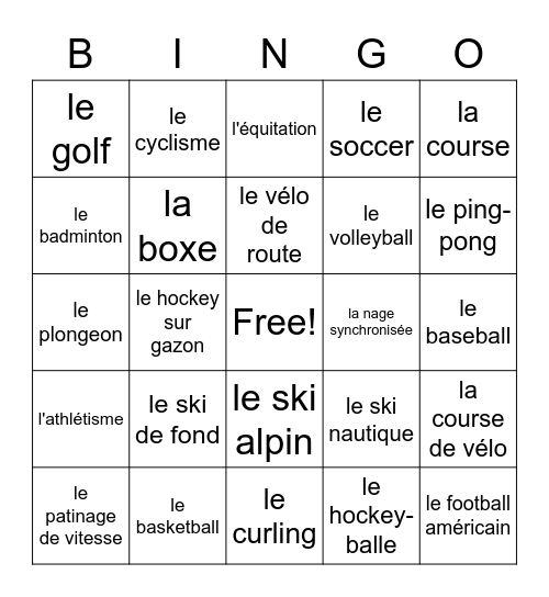 9.4 - Les Sports Bingo Card