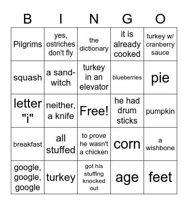 Thanksgiving Riddles Bingo Card