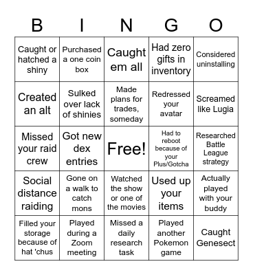 PoGo/Pokemon Quarantine Bingo Card