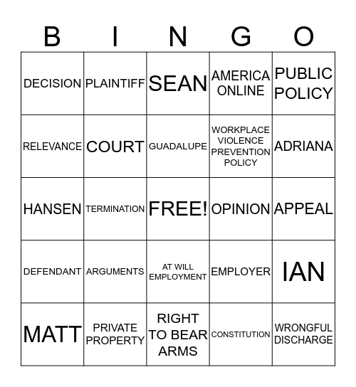 Hansen vs. America Online Bingo Card