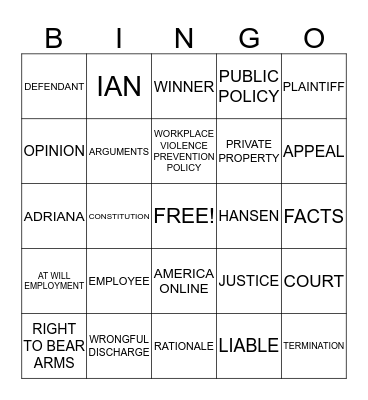 Hansen vs. America Online Bingo Card