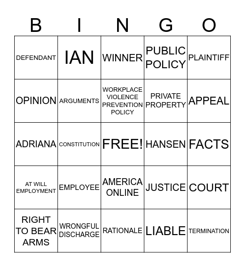 Hansen vs. America Online Bingo Card