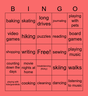 What do you do to cope with stress? Bingo Card