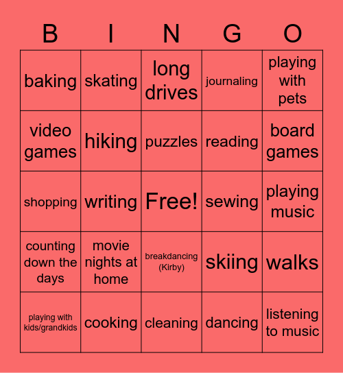 What do you do to cope with stress? Bingo Card