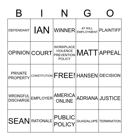 Hansen vs. America Online Bingo Card