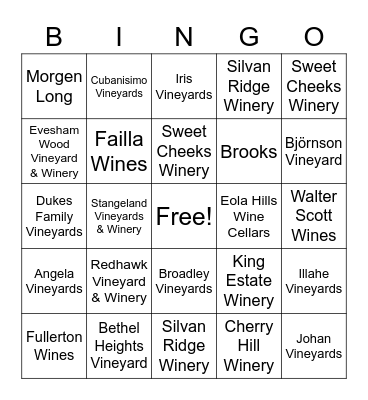 Willamette Valley Wine Tasting Bingo Card
