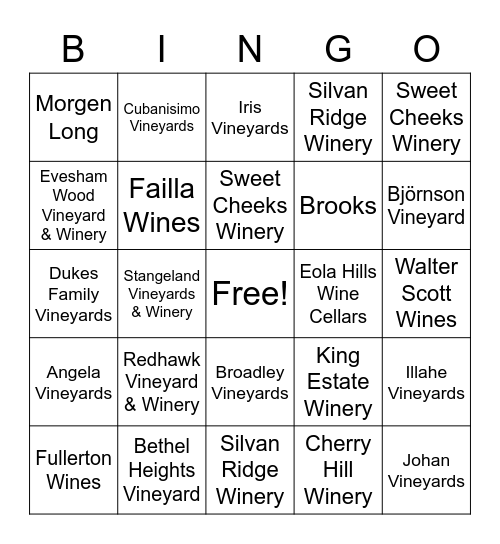 Willamette Valley Wine Tasting Bingo Card