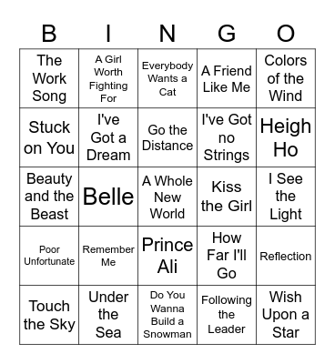 Disney Songs Bingo Card