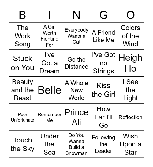 Disney Songs Bingo Card