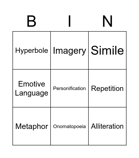 Language Features Definition Bingo Card