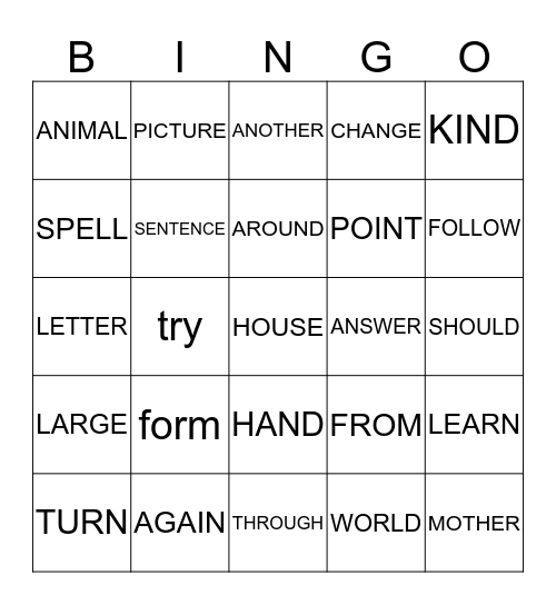 GRADE 2 WORDS Bingo Card