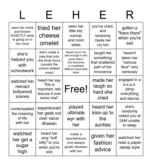 Bingo - Leher Version Bingo Card