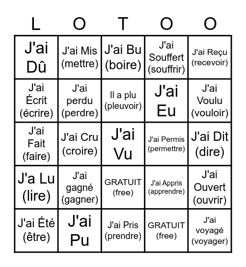 participe passé irréguliers Bingo Card