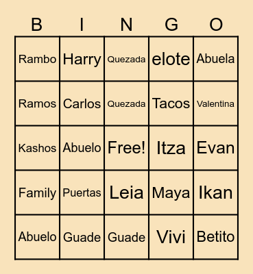 Family Go Go Bingo Card