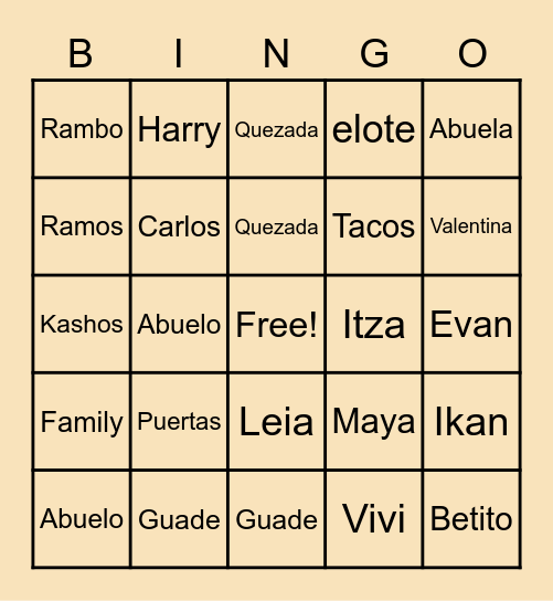 Family Go Go Bingo Card