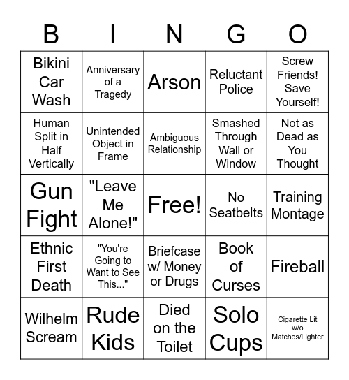 B Movie Bingo Card