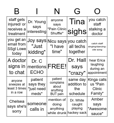 Pain Clinic Bingo Card