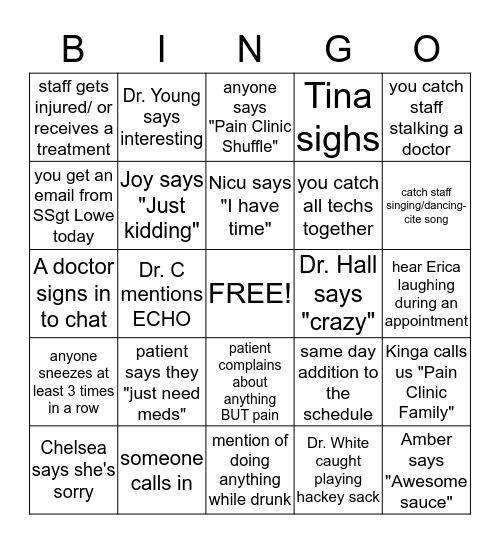 Pain Clinic Bingo Card