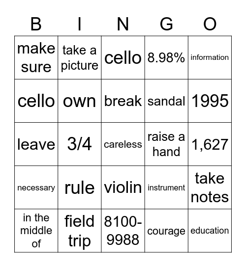 What is the chart about? Bingo Card