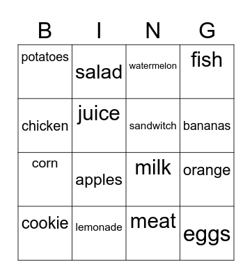 food Bingo Card