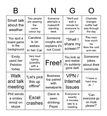 Reward Team WFH Bingo Card