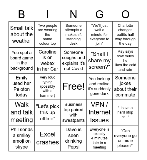 Reward Team WFH Bingo Card