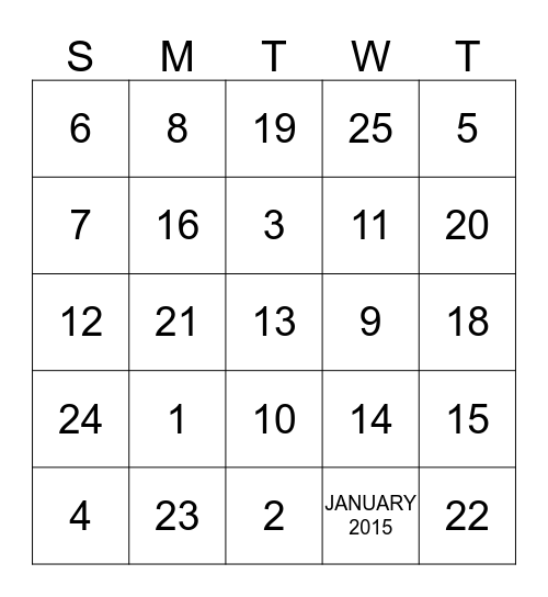 January   2015 Bingo Card