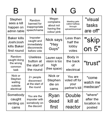 Among Us Bingo Card